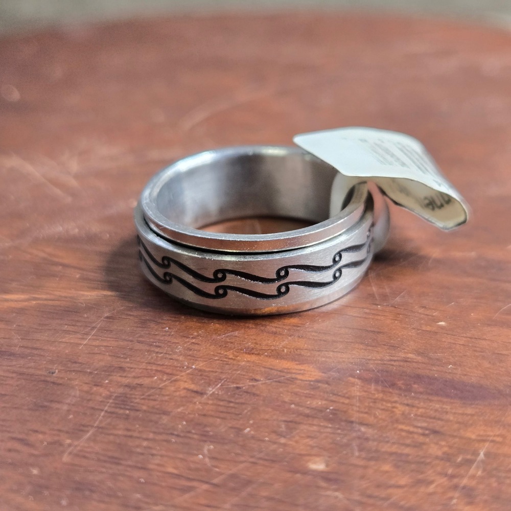 Stainless Steel Spinner Ring Silver Wave Pattern Fidget Band Size 9